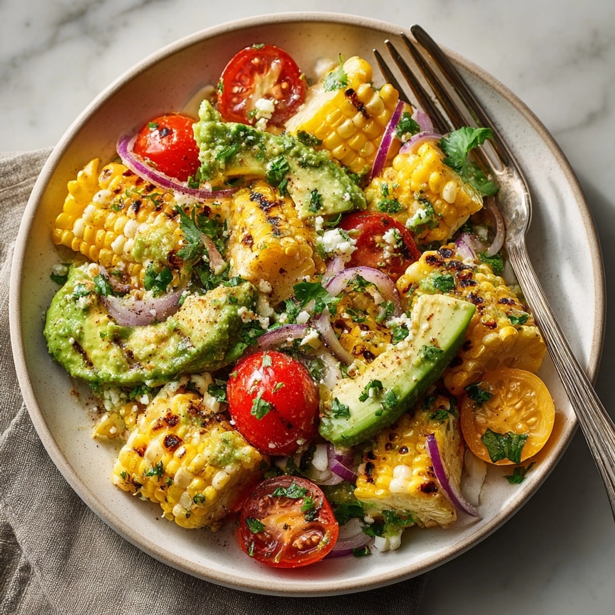 Sweet, smoky Grilled Corn and Avocado Salad recipe, perfect for summer barbecues.
