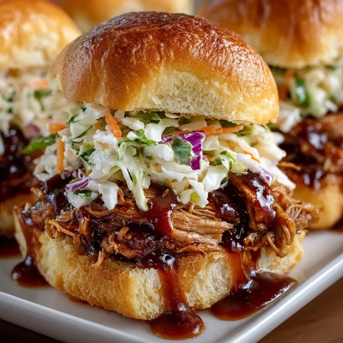 Juicy BBQ Pulled Pork Sliders piled high on toasted buns, ready to eat.