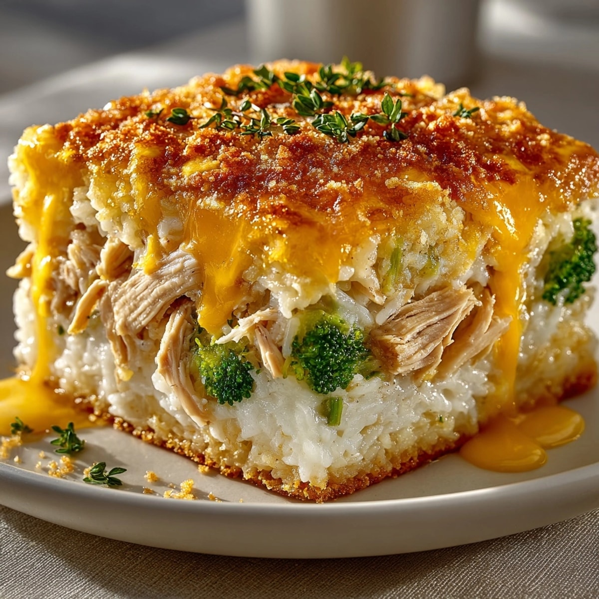Creamy, bubbling Cheesy Chicken and Rice Casserole—a comforting, savory weeknight family dinner.