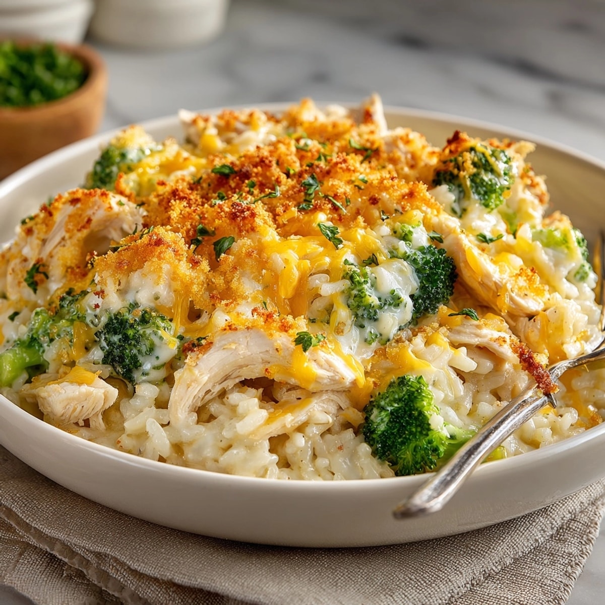 Hot Cheesy Chicken and Rice Casserole, ready to serve, with steam rising from the dish.