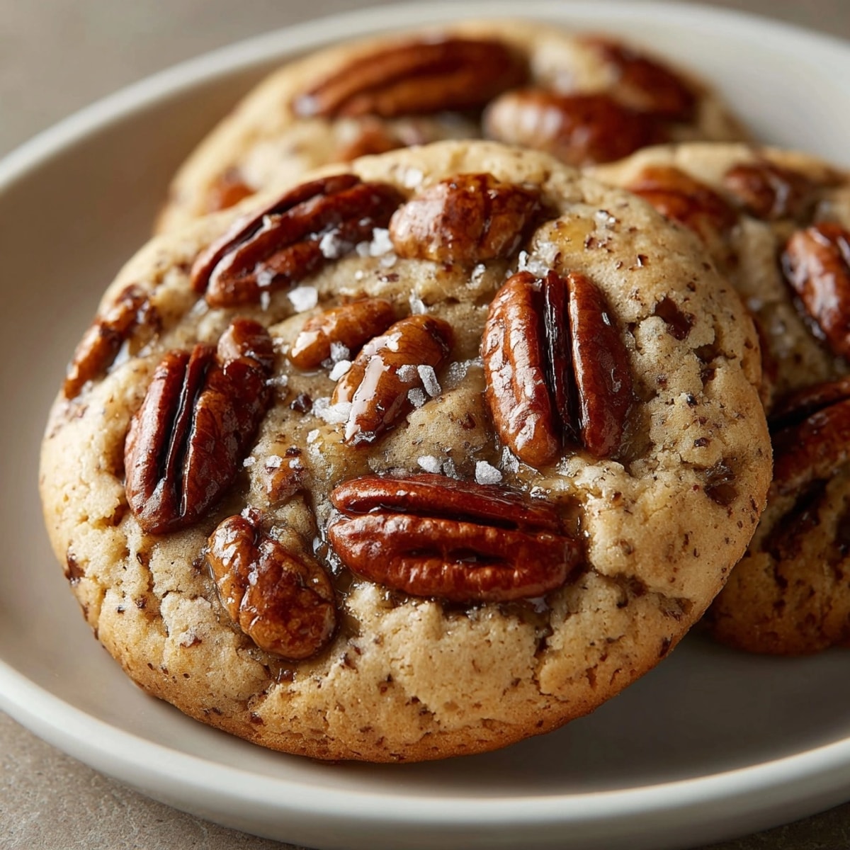 Golden brown butter pecan cookies, warm from the oven, nutty aroma fills the air.