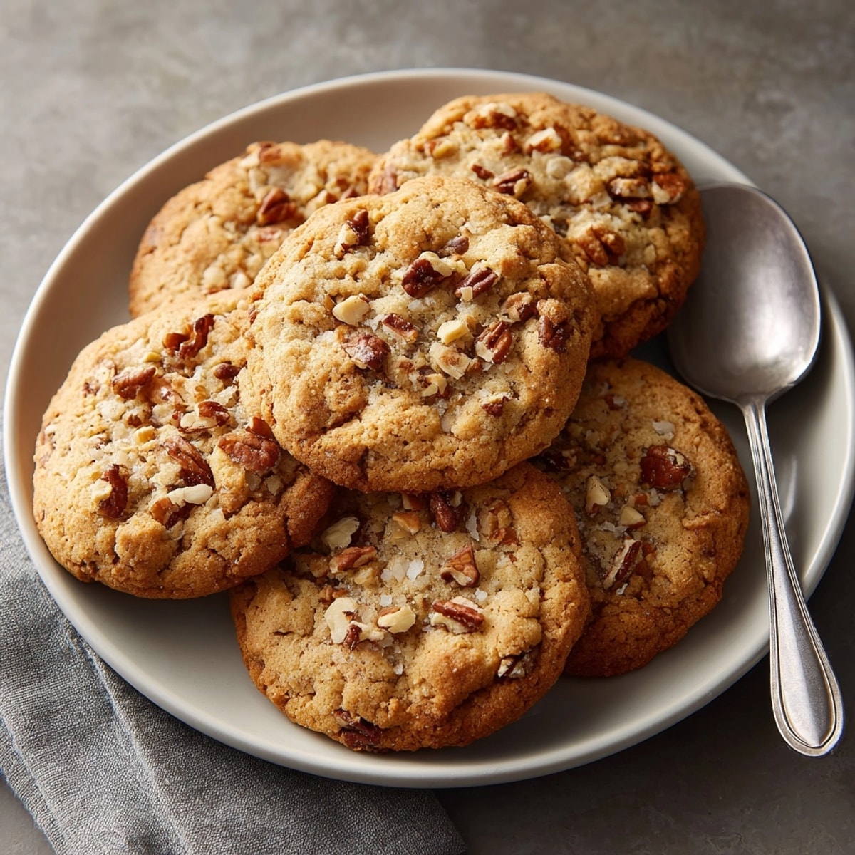 Close-up of delicious brown butter pecan cookies; slightly crisp edges and soft centers.