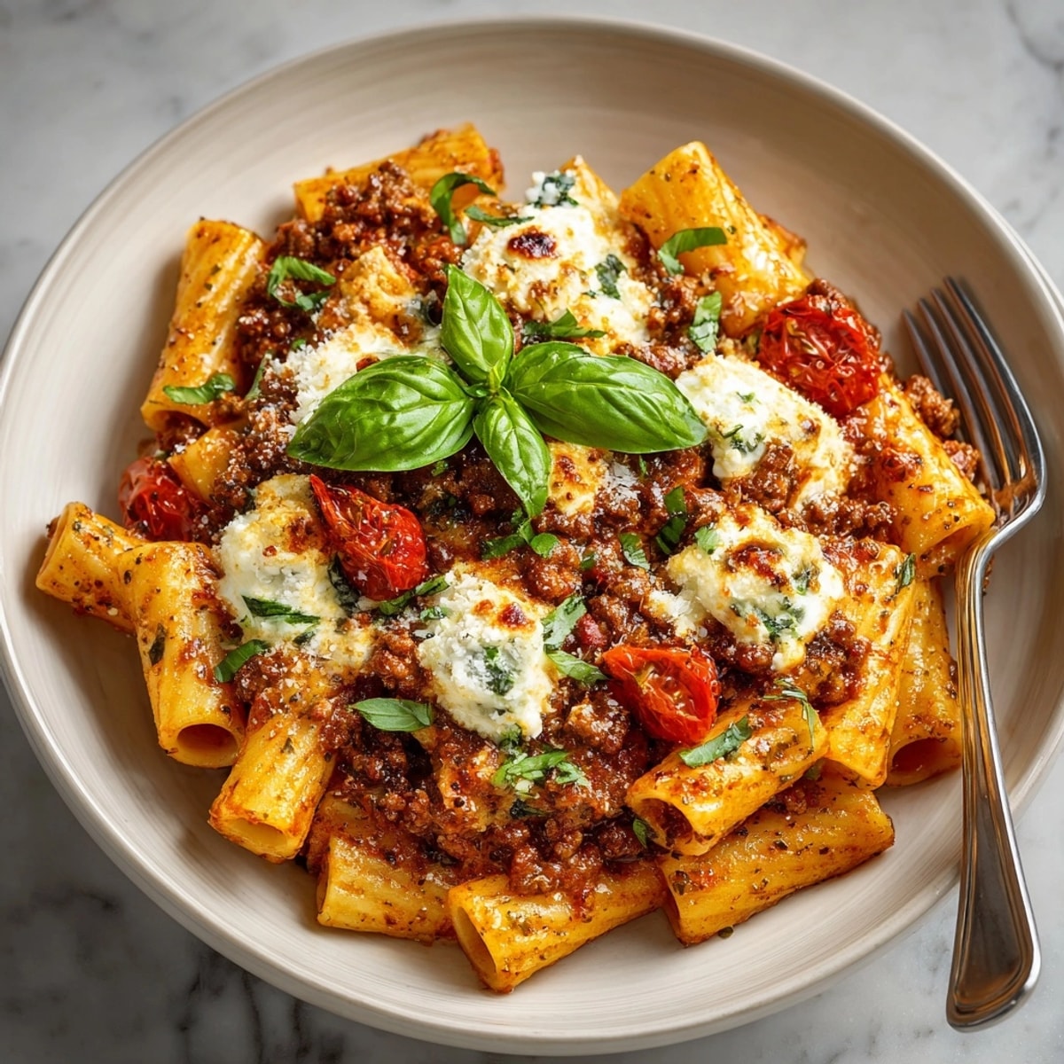 Creamy One-Skillet Baked Ziti bubbling hot from the oven, ready for a family dinner.