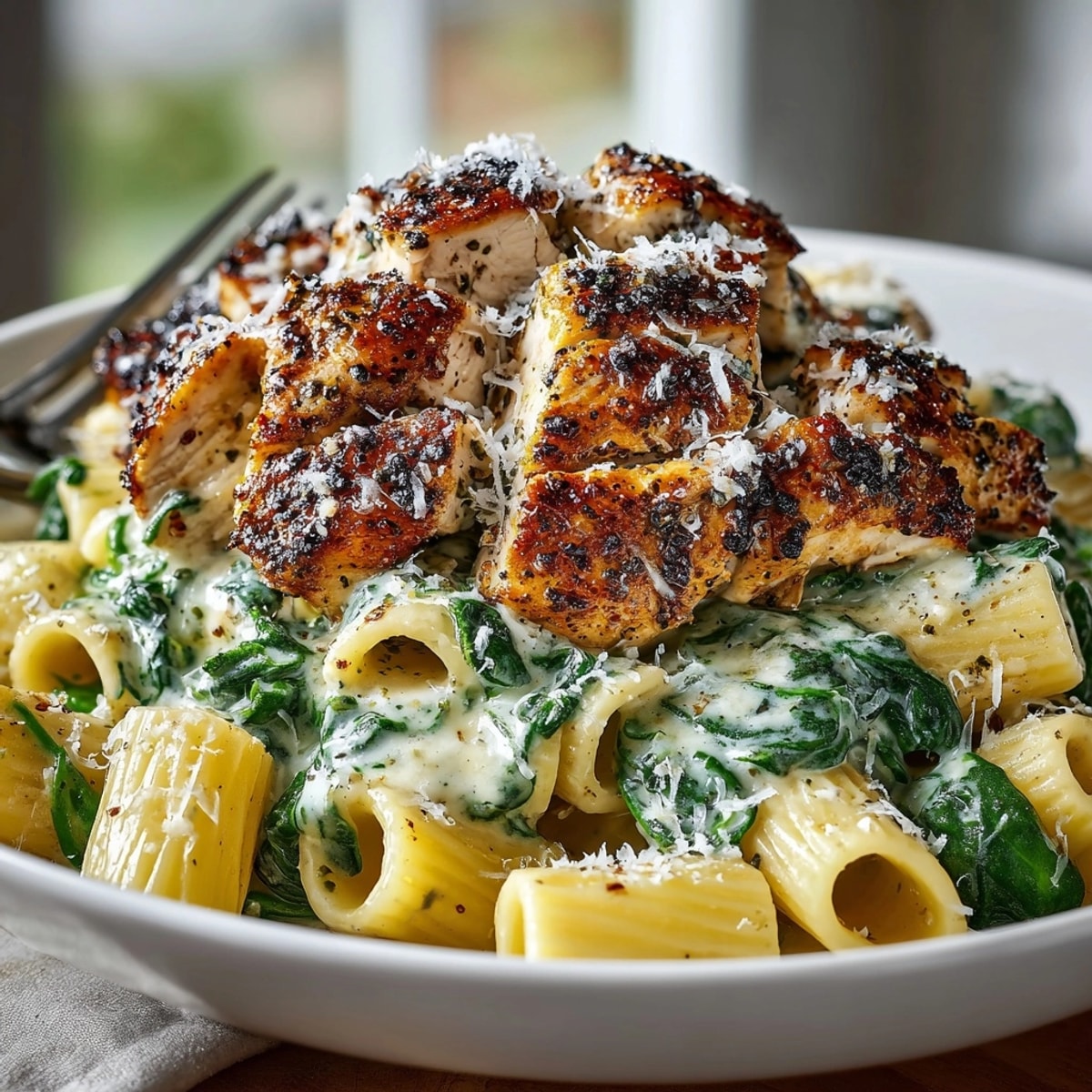 Creamy Skillet Chicken Alfredo with Spinach simmers, ready to be served family-style from the pan.