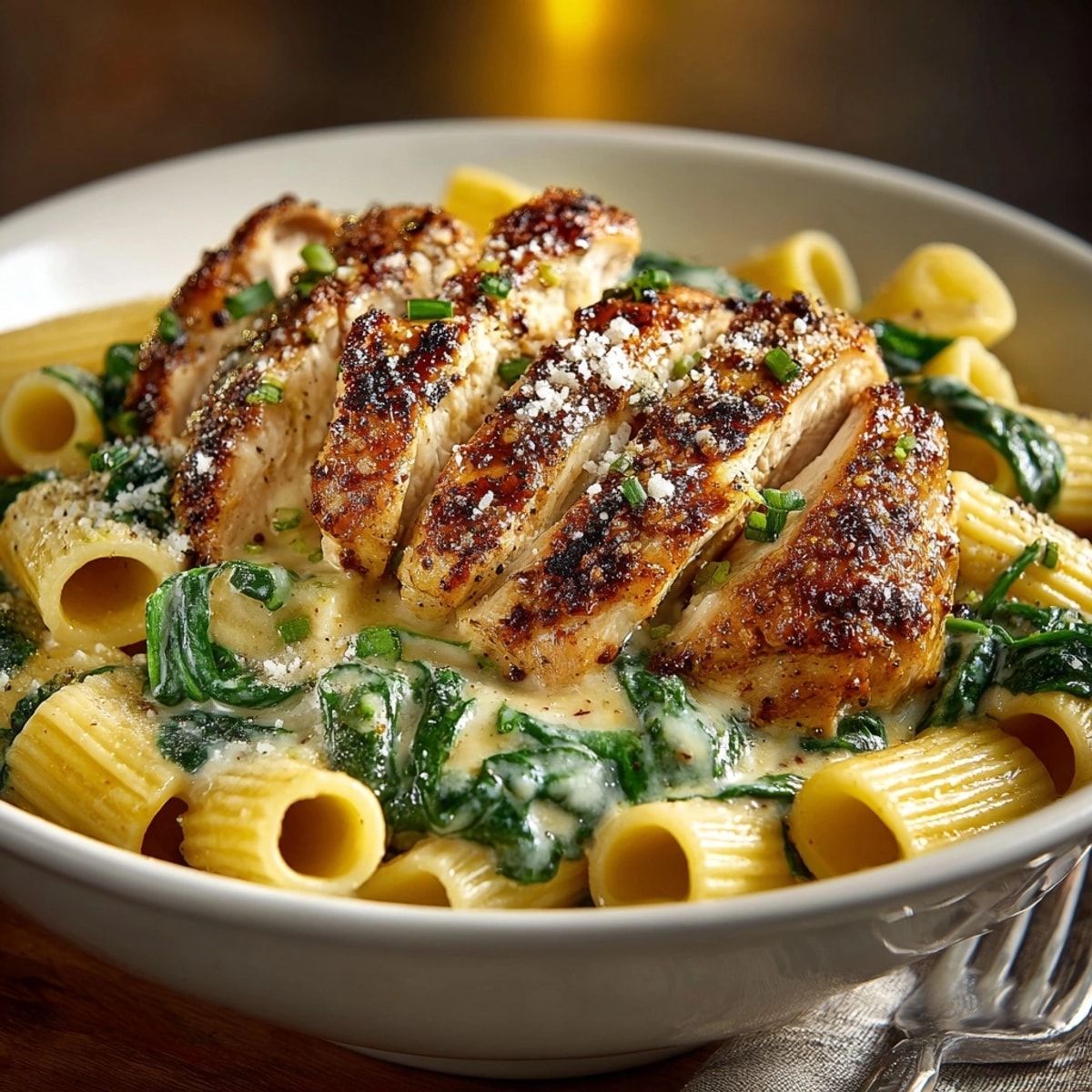 Golden, cheesy Skillet Chicken Alfredo with Spinach; see the bubbling sauce, perfect for weeknights.