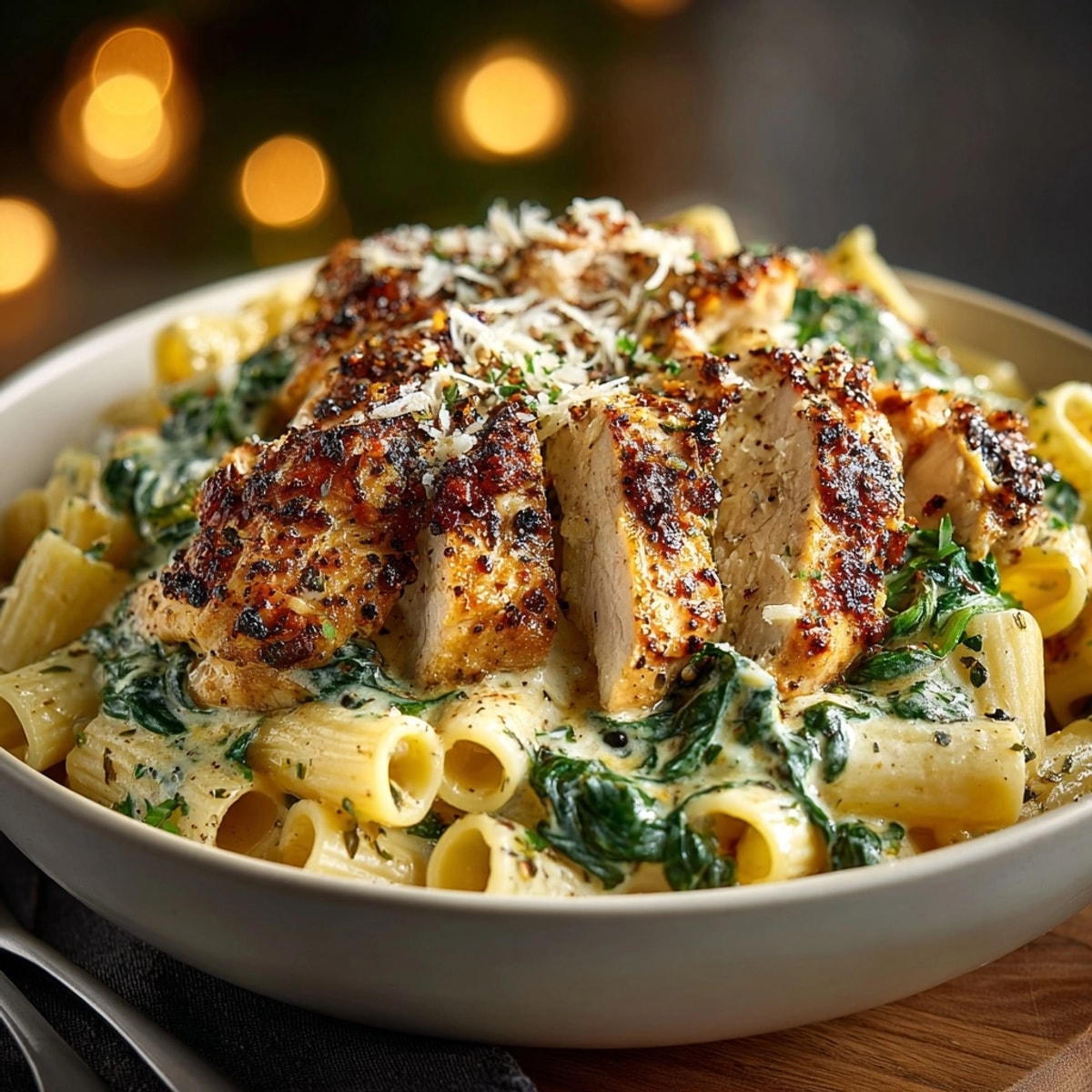 Delicious Skillet Chicken Alfredo with Spinach: a flavorful one-pan dinner, topped with Parmesan cheese.
