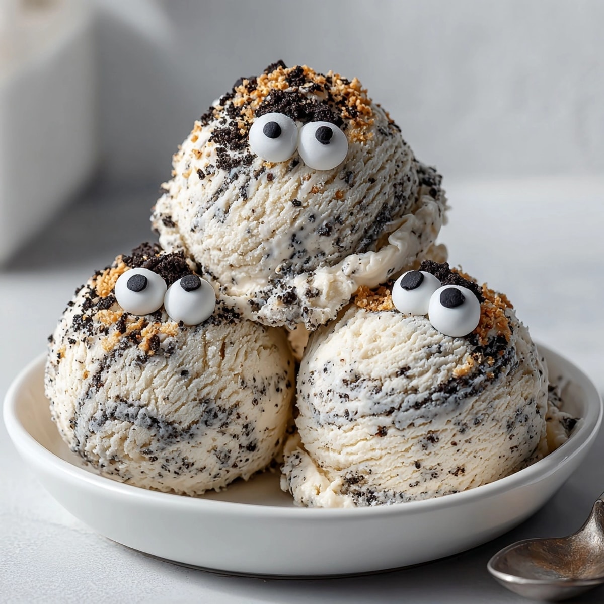 Whimsical Black Sesame Ice Cream scoops featuring candy eyes, ready for dessert lovers everywhere.