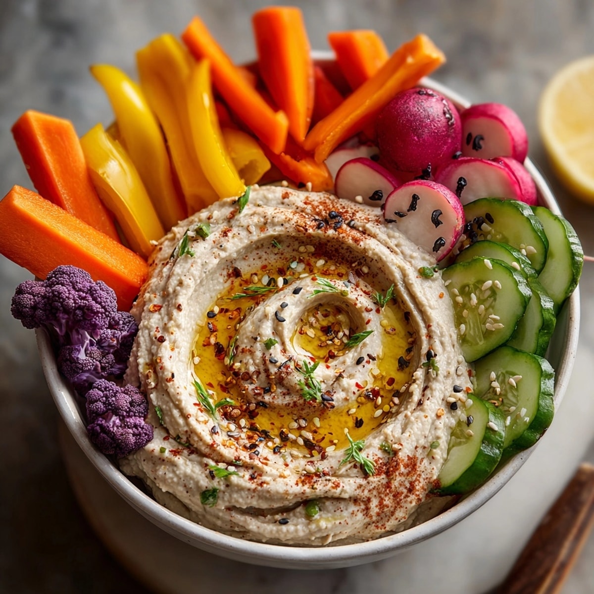 Creamy black bean hummus surrounded by colorful, spooky veggies perfect for easy dipping.