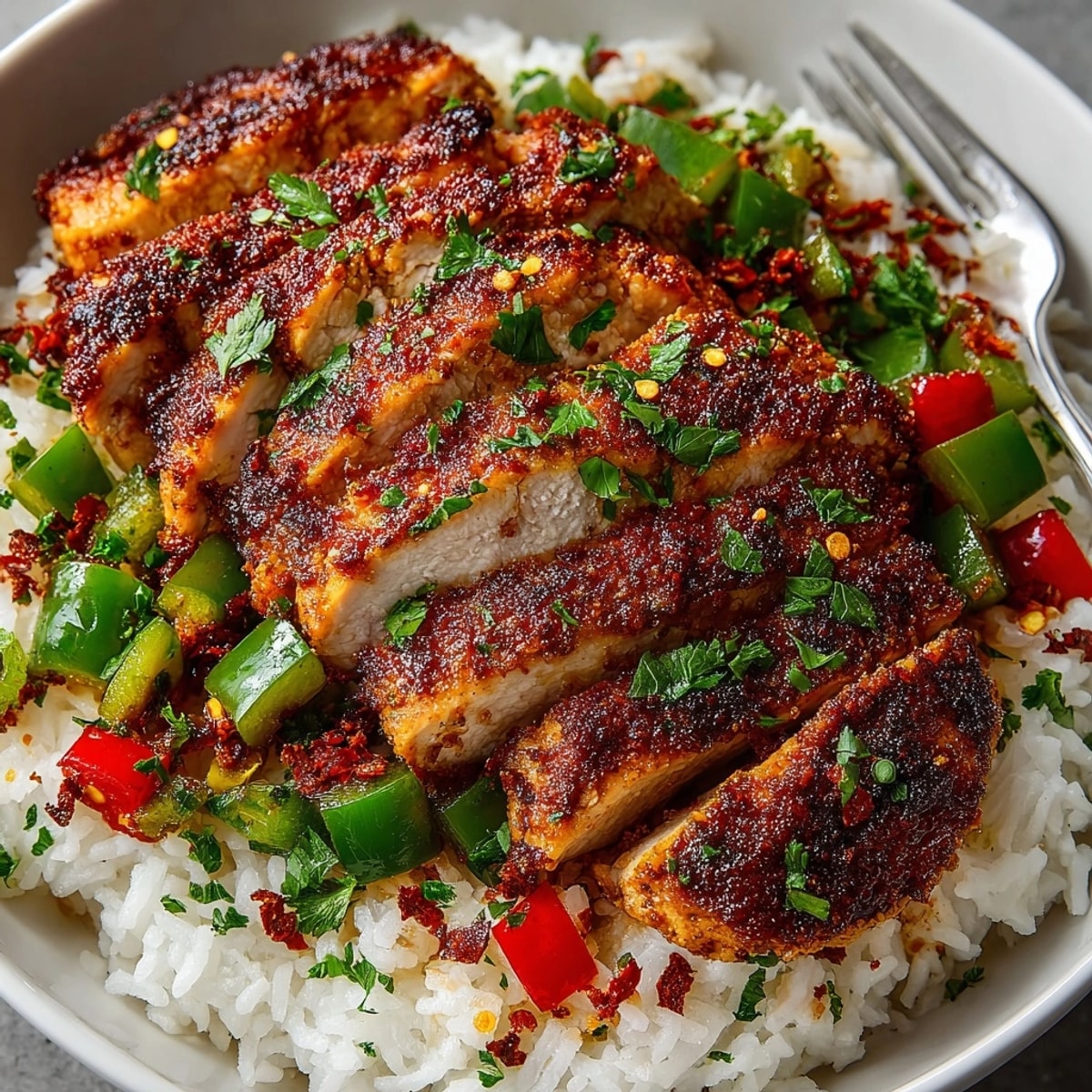 Spicy Cajun Chicken and Rice Skillet, browned chicken and colorful vegetables steam in savory broth.