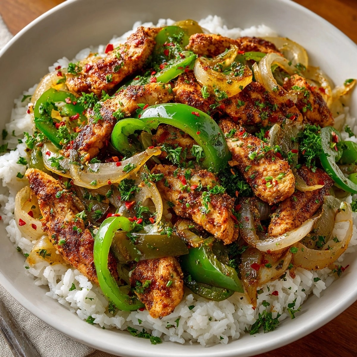 Close-up of the hot, seasoned Spicy Cajun Chicken and Rice Skillet ready to serve.