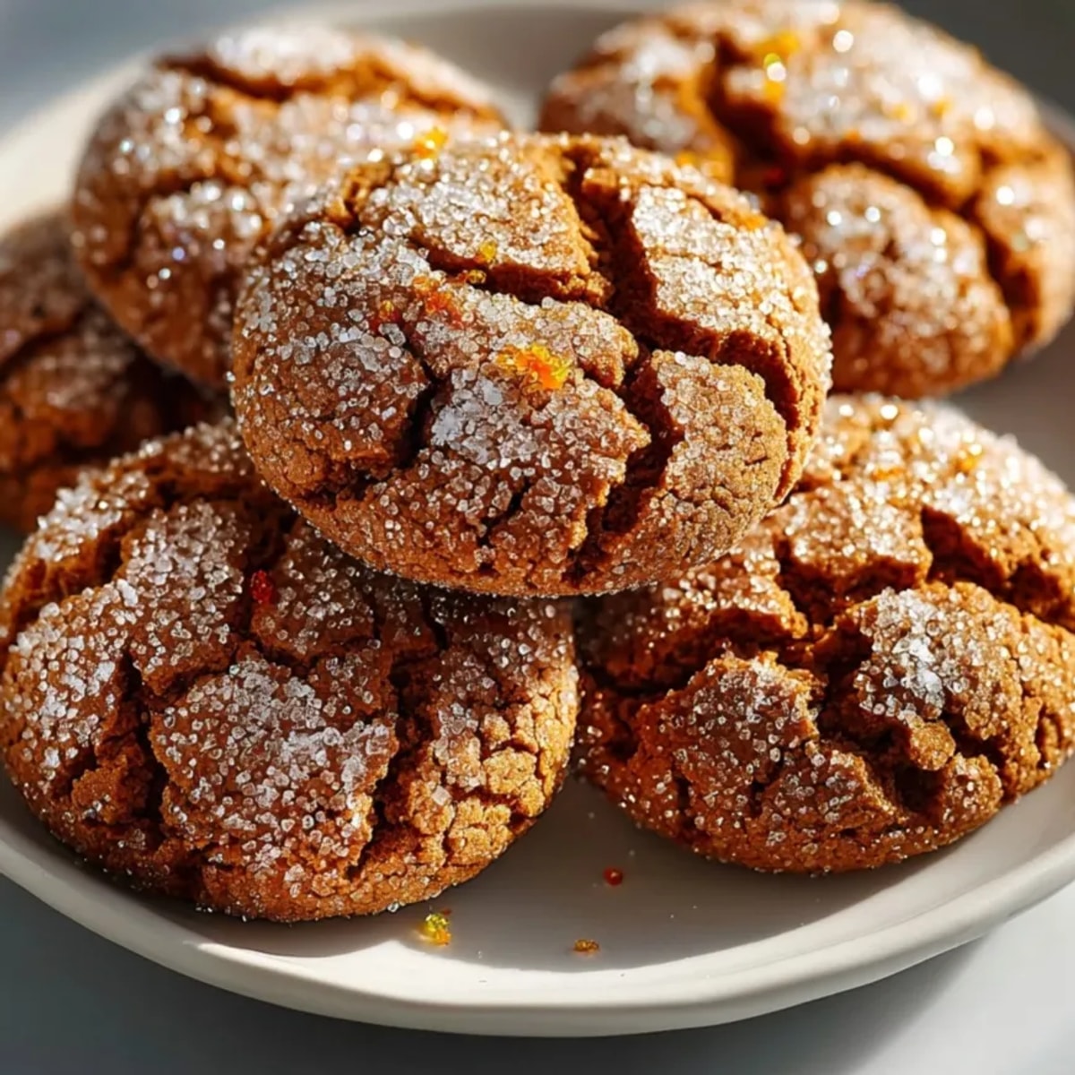 Golden-brown ginger molasses cookies with orange zest, fresh out of the oven.