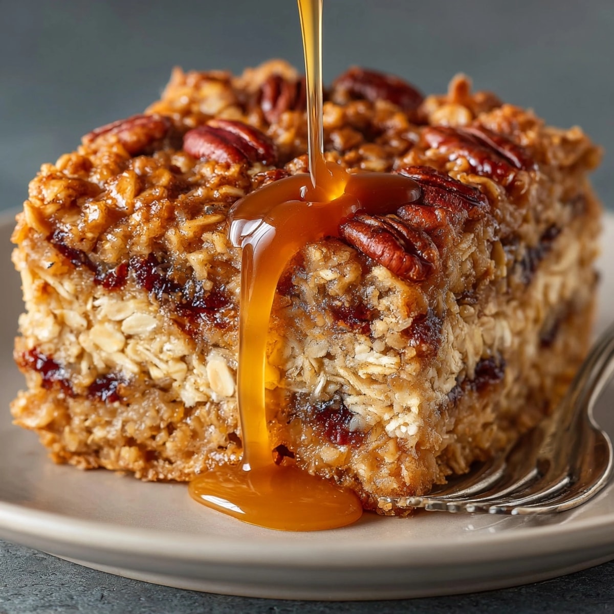 Fluffy Maple Brown Sugar Oatmeal Bake, breakfast comfort food showcased in a rustic baking dish.