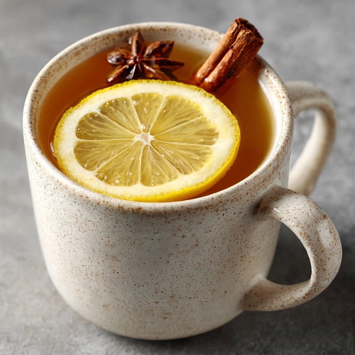 Steaming Hot Toddy Mocktail photo: close-up of lemon and cinnamon in a comforting mug.