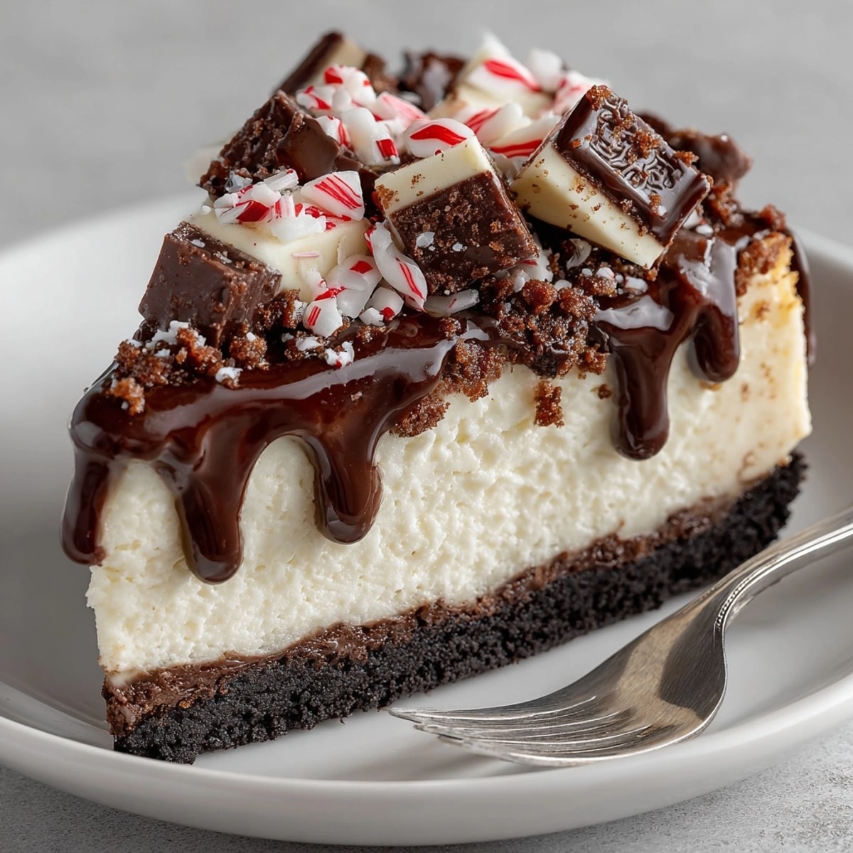 Slice of White Chocolate Peppermint Bark Cheesecake: See the rich layers, ready to enjoy.