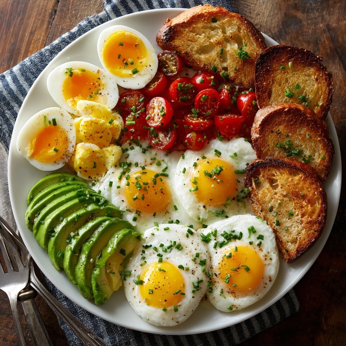 Visually stunning Egg Flight Platter: hard-boiled, soft-boiled, scrambled, fried, poached eggs for brunch.