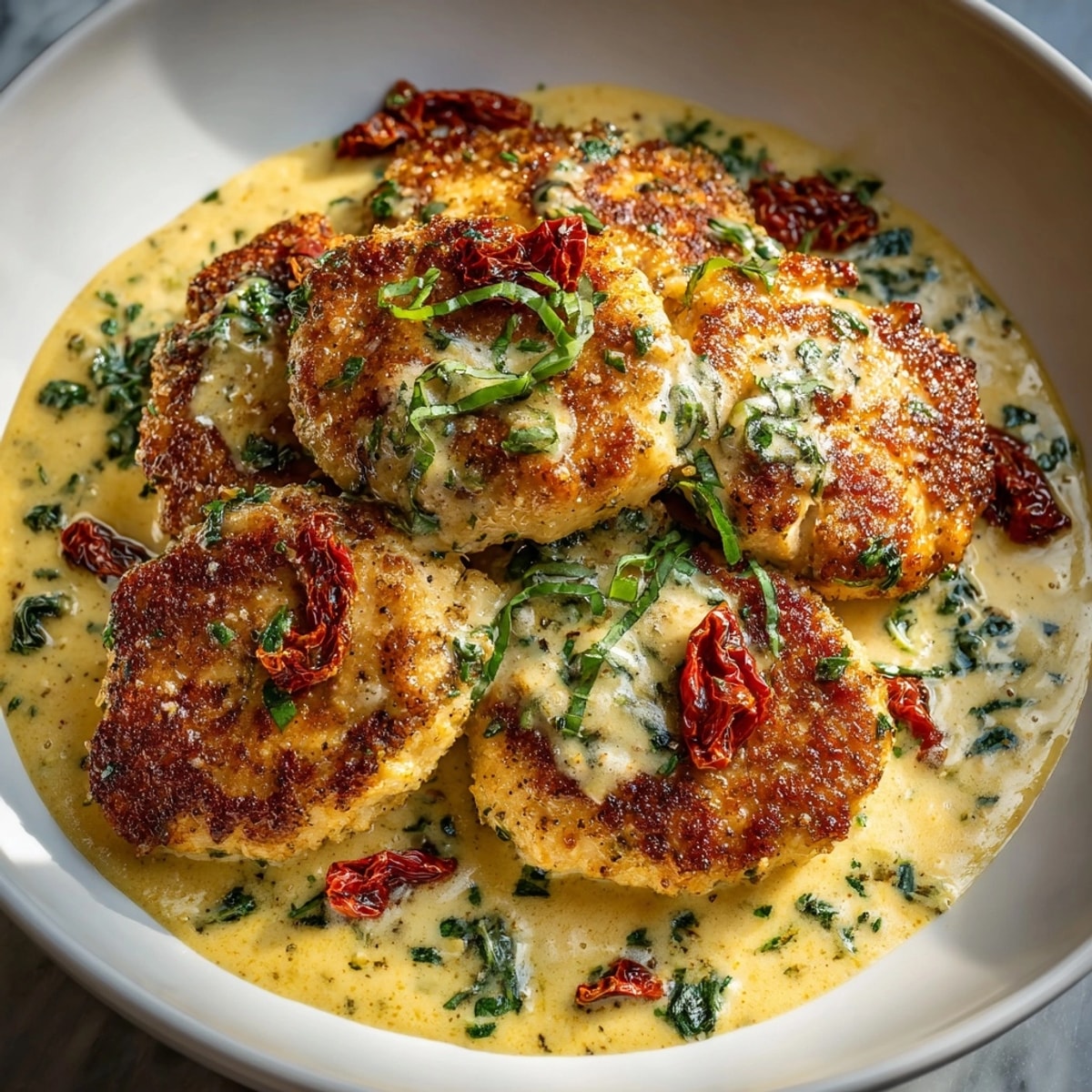 A fork lifts tender &quot;Marry Me Chicken&quot; bathed in a rich parmesan cream sauce.