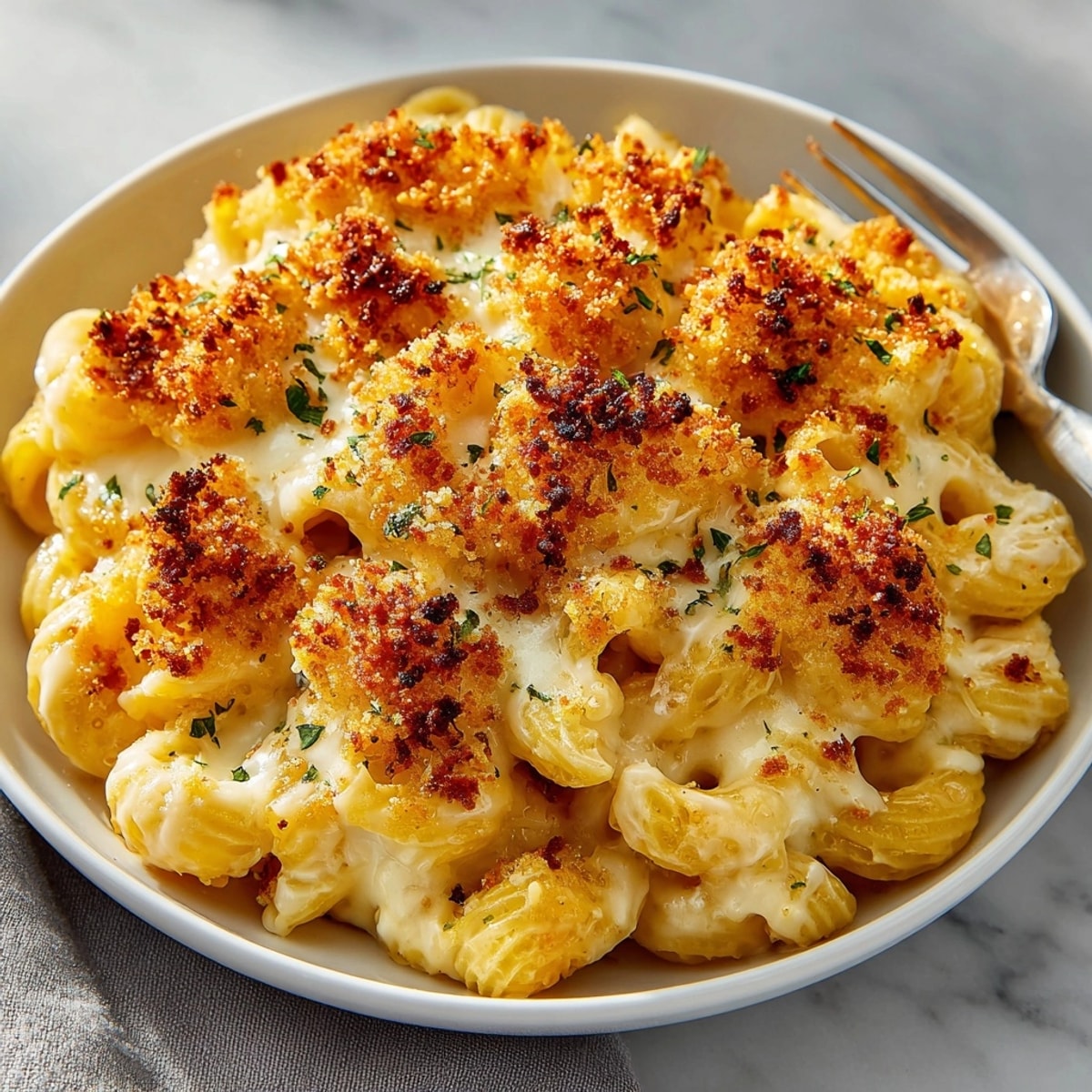 Golden, bubbly Tini's Mac and Cheese, fresh from the oven, promises creamy, cheesy comfort.