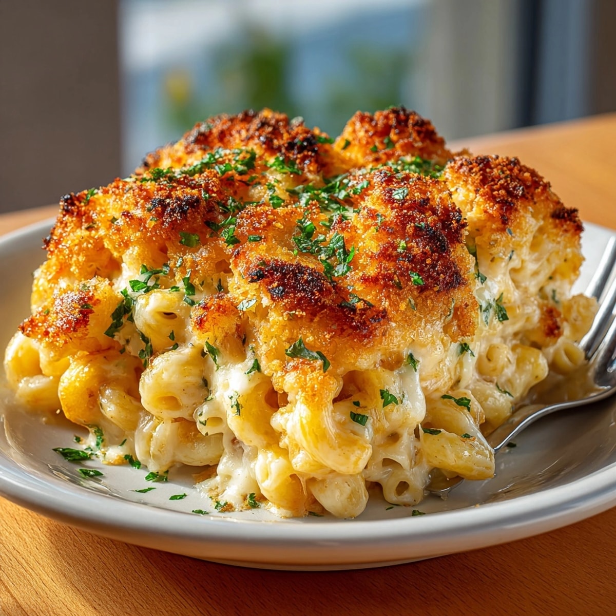 Close-up of Tini&amp;#8217;s Mac and Cheese: a rich cheddar bake with crisp, buttery breadcrumbs.