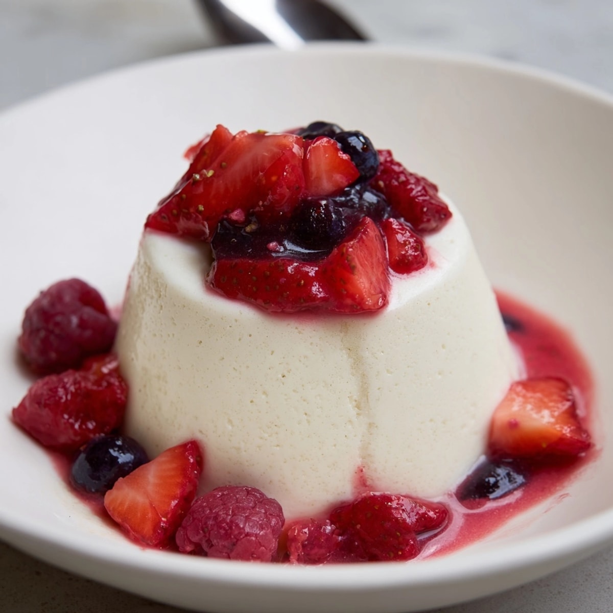 Creamy Panna Cotta dessert drizzled with sweet, tart berry compote, ready to enjoy.