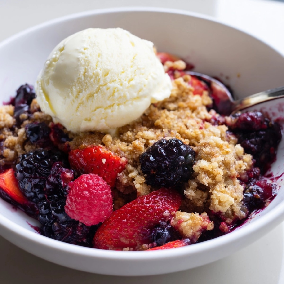 Close-up of homemade Berry Crumble, showcasing its juicy filling and crumbly topping.