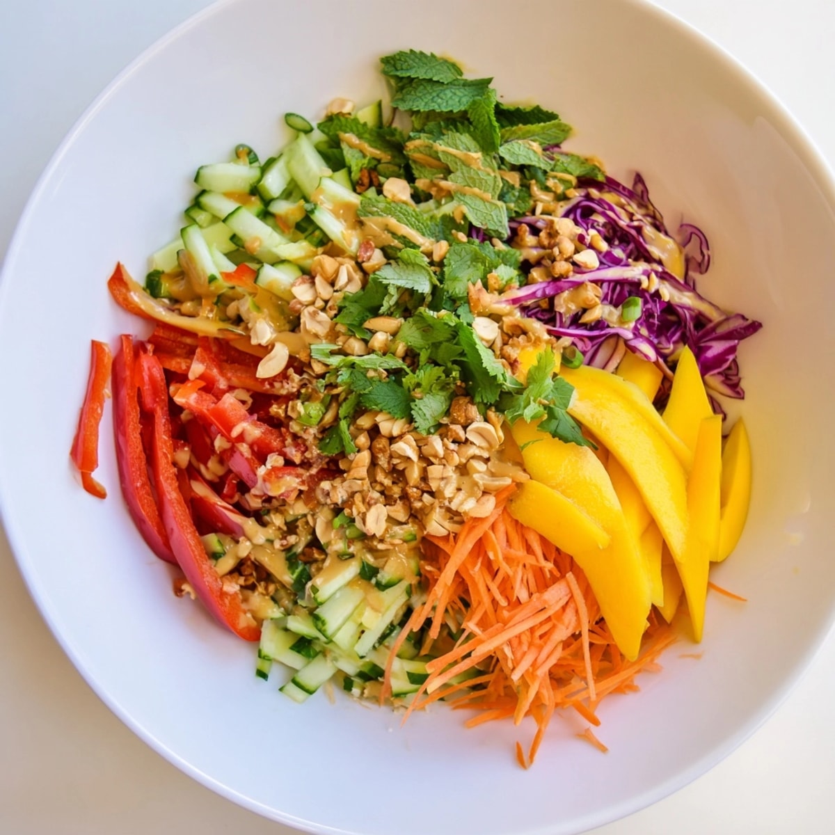 Close-up of vibrant Thai Peanut Mango Veggie Salad with bright, fresh ingredients.