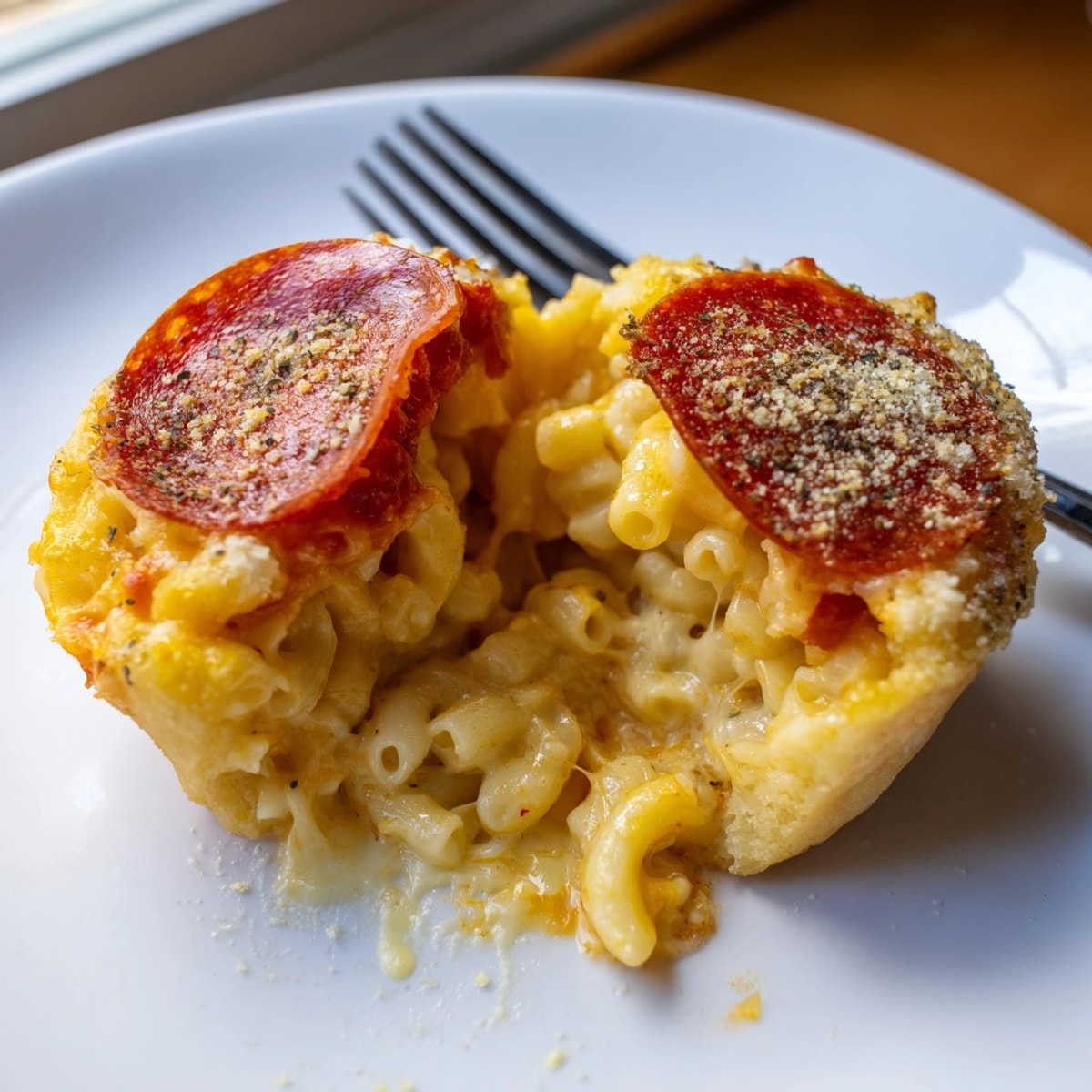 Close-up of homemade Cheesy Pepperoni Mac Bombs: golden crust, bubbling cheese, savory aroma.