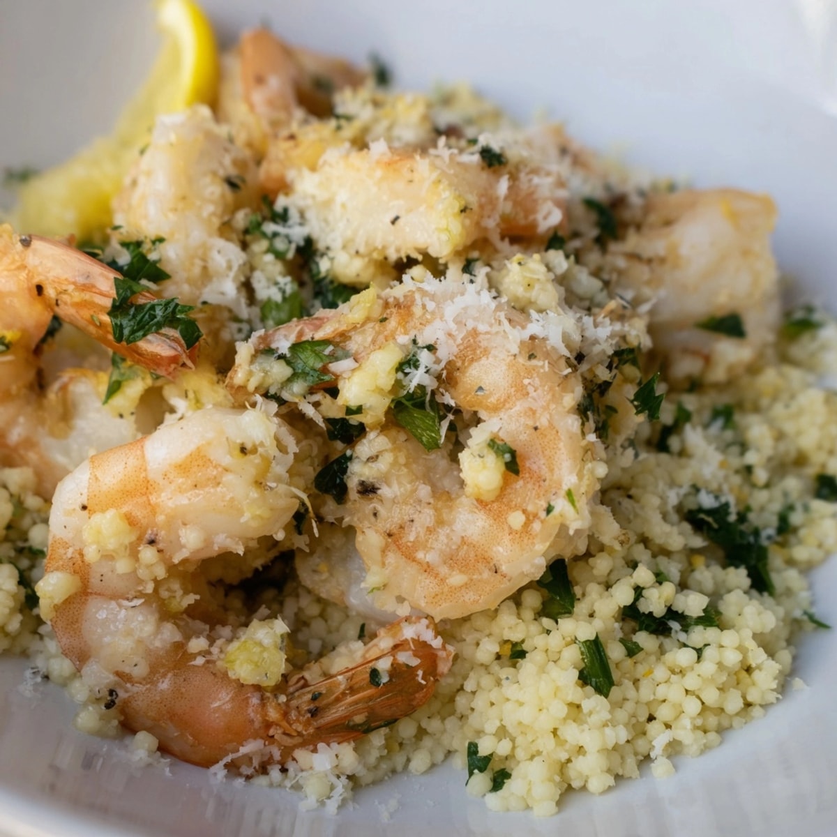 Imagine hot, fluffy Shrimp Parmesan Couscous with bright lemon, ready to enjoy.