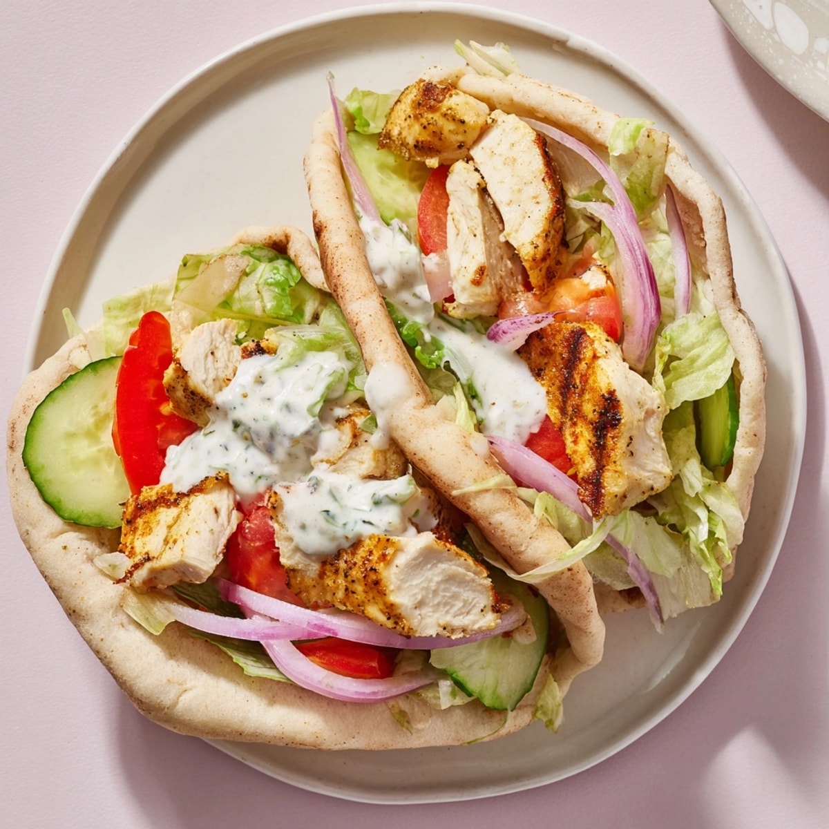 Creamy Garlic Ranch Chicken Pita Sandwich, filled with grilled chicken and crisp veggies.
