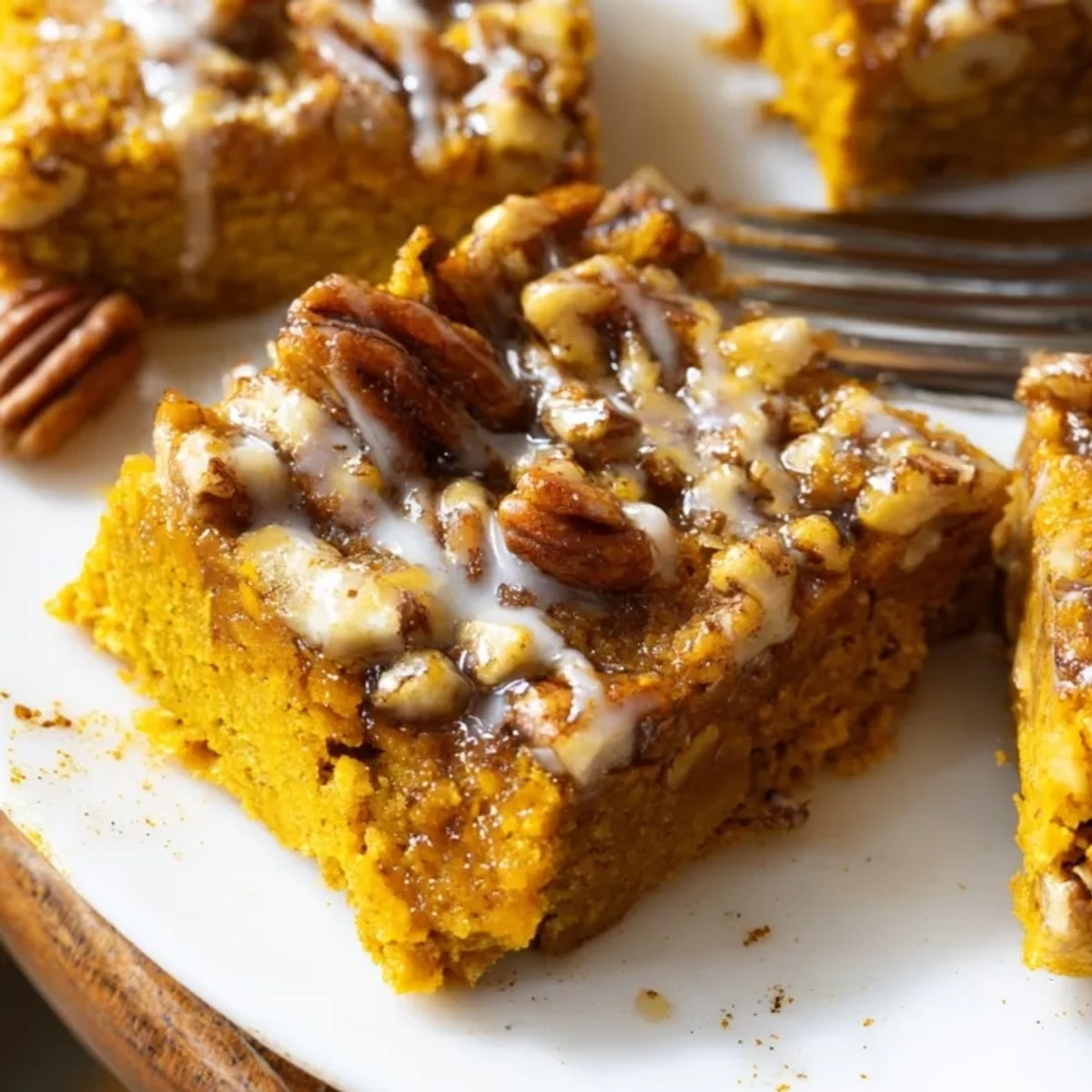Golden Cinnamon Maple Pumpkin Bars, fresh baked, showcasing a moist, warmly-spiced autumn dessert.