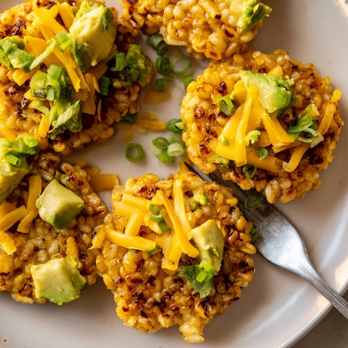 Golden Avocado Cheddar Rice Cakes sizzling in a pan, cheesy and fragrant.