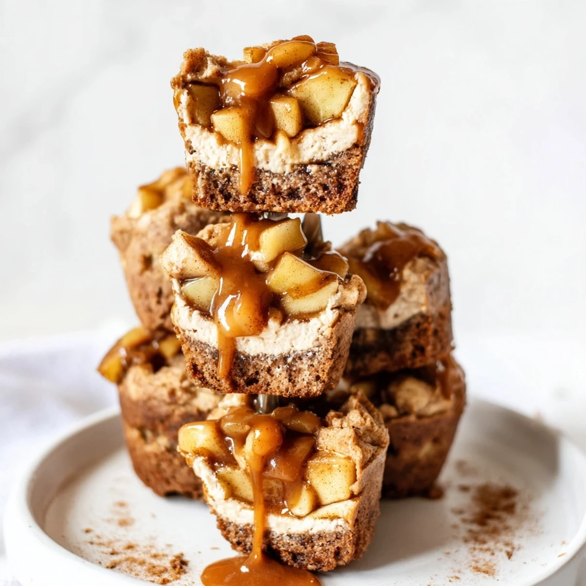 Decadent Caramel Apple Chai Cheesecake Cake Muffin Skewers topped with creamy caramel drizzle.  