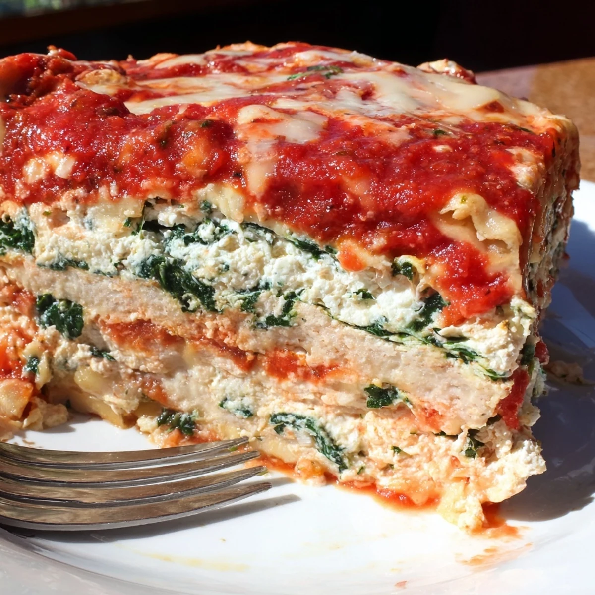Golden Quick Veggie Ricotta Lasagna topped with mozzarella, served alongside a fresh salad.