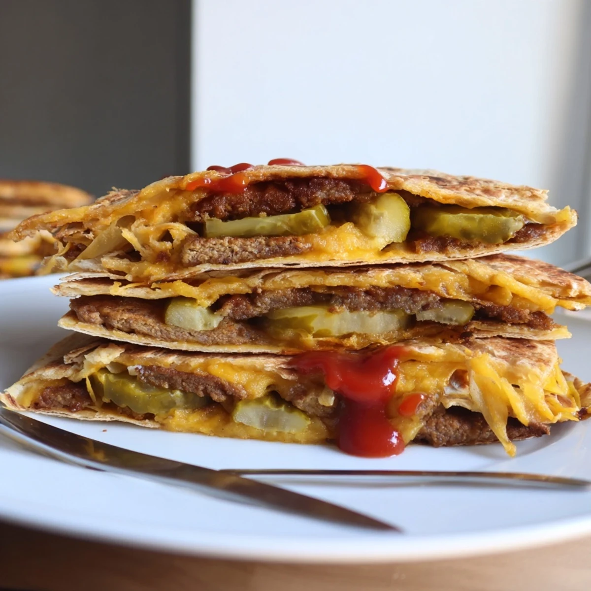 Crispy vegan cheeseburger quesadillas filled with cheese, pickles, and savory patties.  