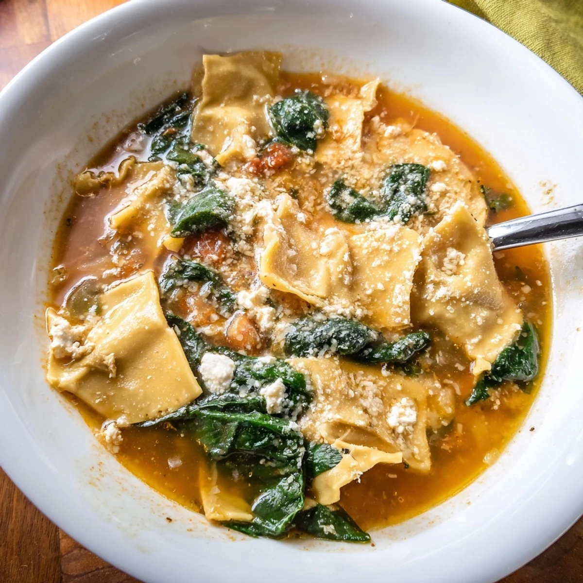 Quick and easy lasagna soup served hot, full of creamy ricotta and veggies.