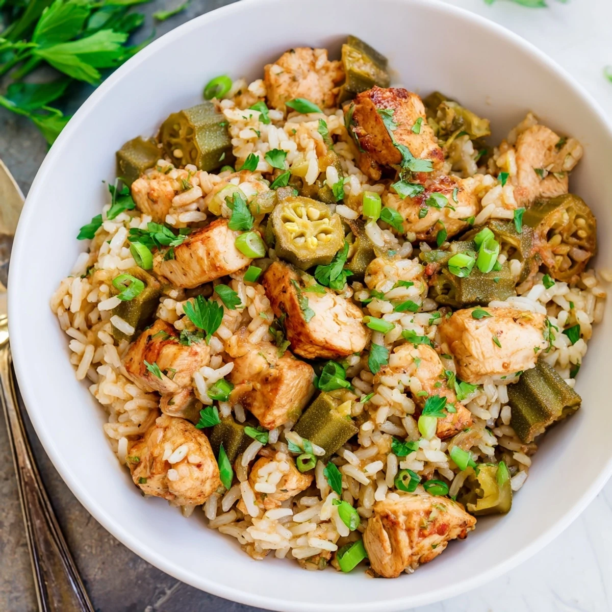 hearty Budget Chicken Jambalaya in a colorful pot, garnished with fresh parsley  
