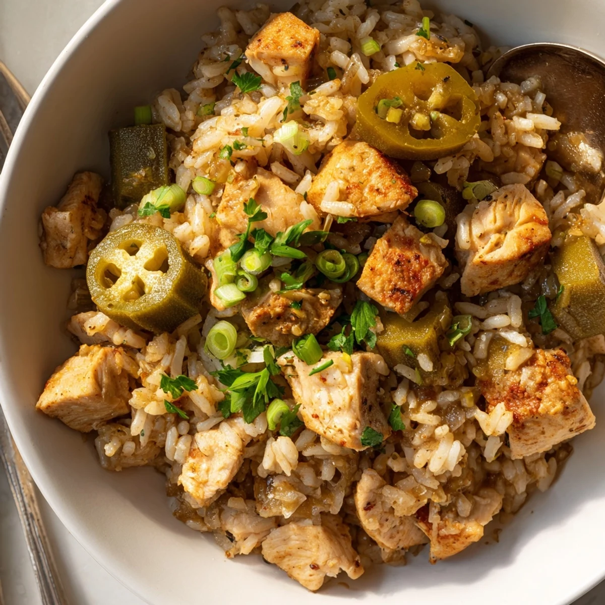 steaming bowl of Budget Chicken Jambalaya filled with chicken, rice, and vibrant okra  