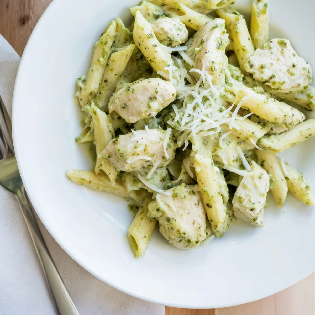 Creamy Pesto Chicken Penne garnished with parmesan, offering an inviting Italian-American dinner.
