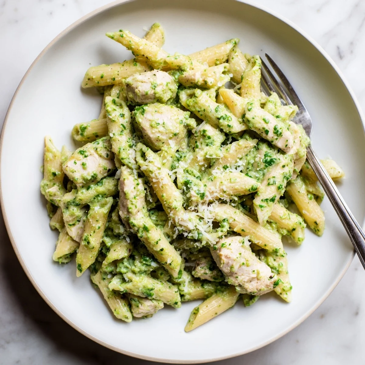 A vibrant bowl of Creamy Pesto Chicken Penne, rich in flavors and textures, awaits.