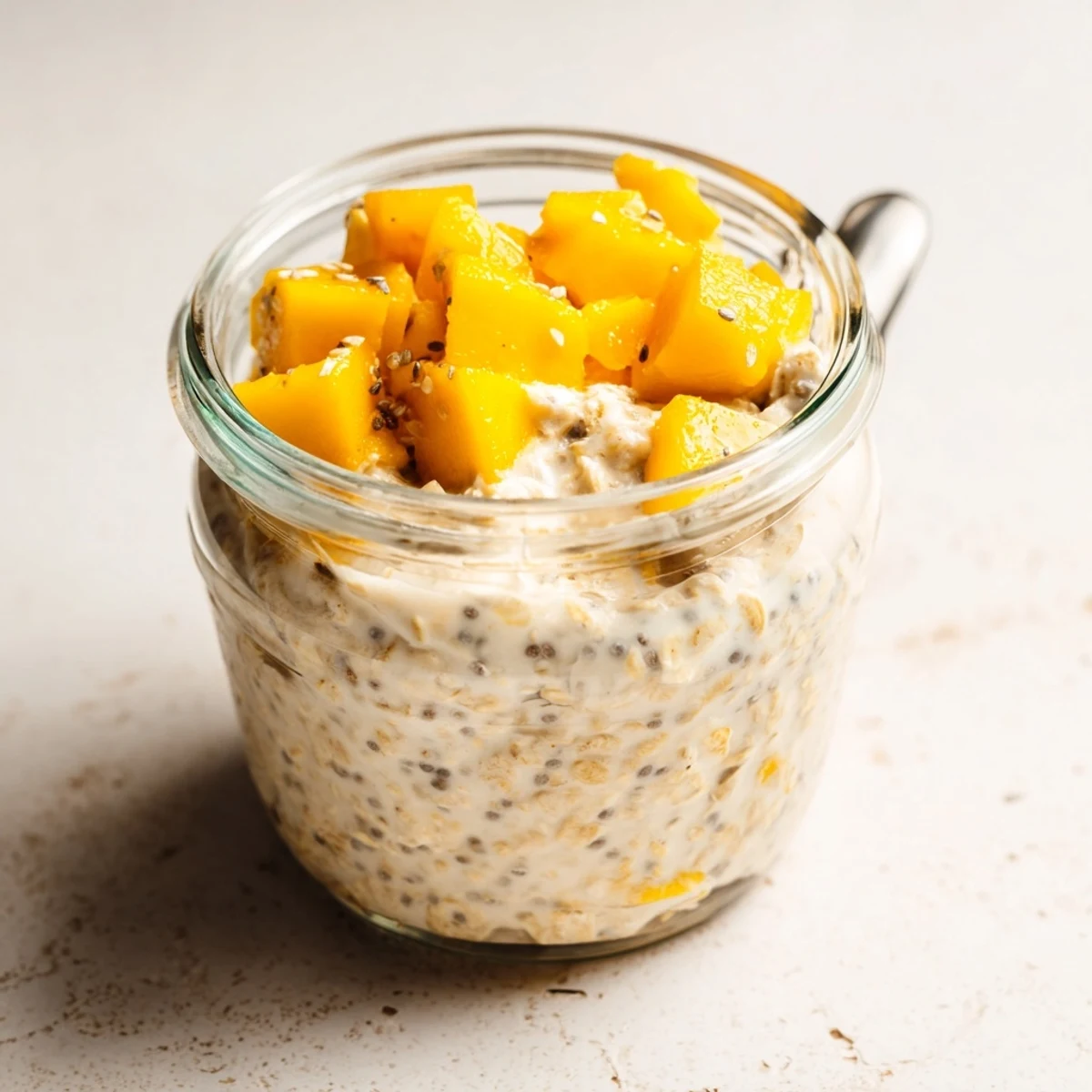 Healthy mango chia overnight oats with almond milk, ideal for busy mornings.