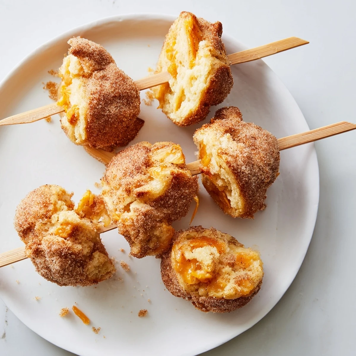 Tender Cinnamon Sugar Maple Bourbon Cheddar Biscuit Muffin Skewers on a plate.  