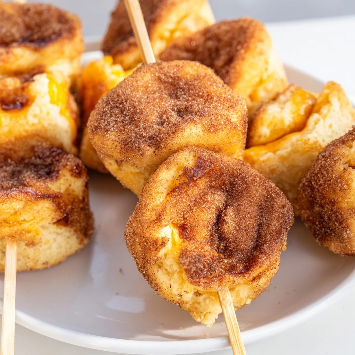 Savory and sweet, these Cinnamon Sugar Maple Bourbon Cheddar Biscuit Muffin Skewers delightfully glazed.  