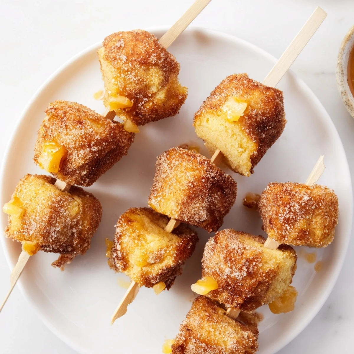 Aromatic Cinnamon Sugar Maple Bourbon Cheddar Biscuit Muffin Skewers served with fresh fruit.