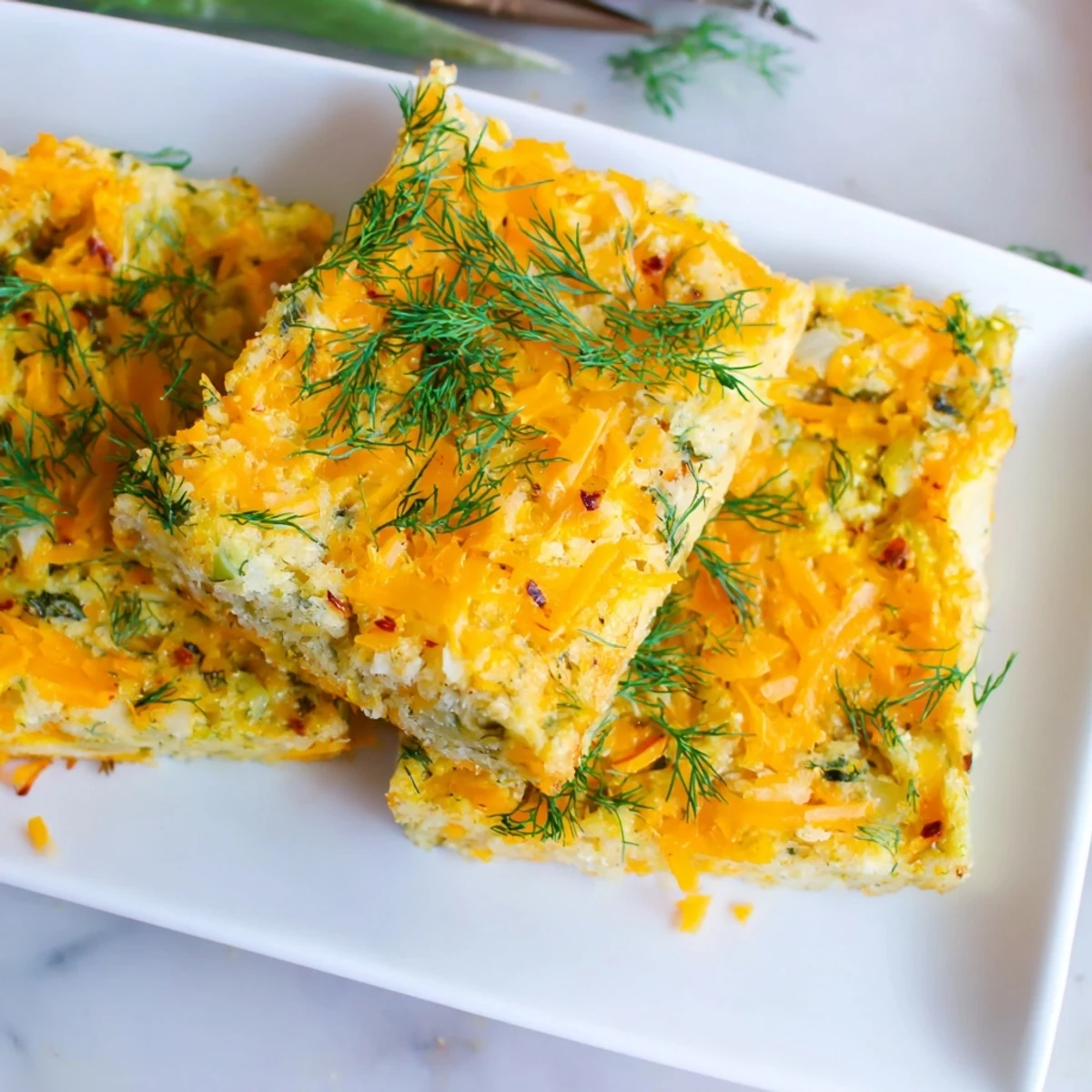 Fluffy Dill Pickle Chili Garlic Monster Cake Pancake Bars topped with fresh dill.  