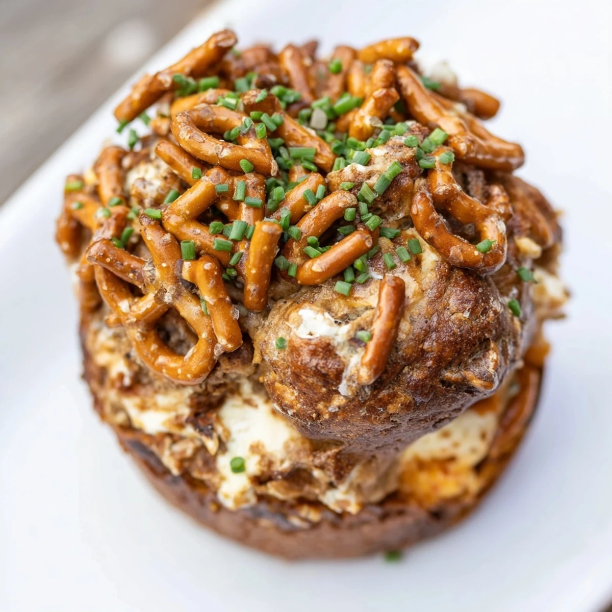 Savory Buffalo Ranch Cream Cheese Pretzel Muffins, golden brown with crunchy topping.  