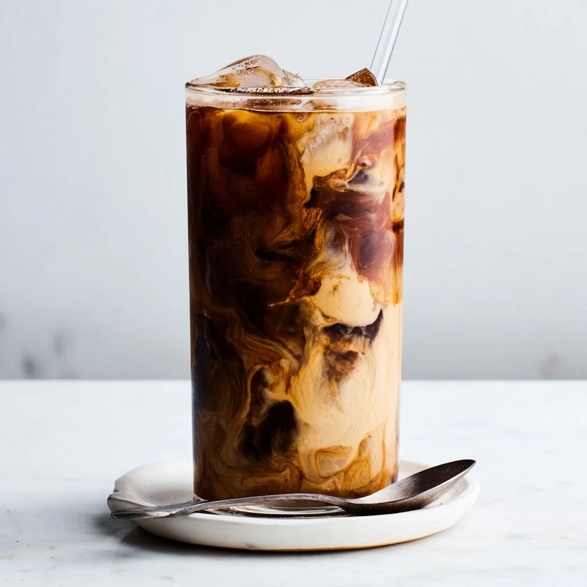 Rich and nutty Tahini Iced Coffee served over ice in clear glasses.  