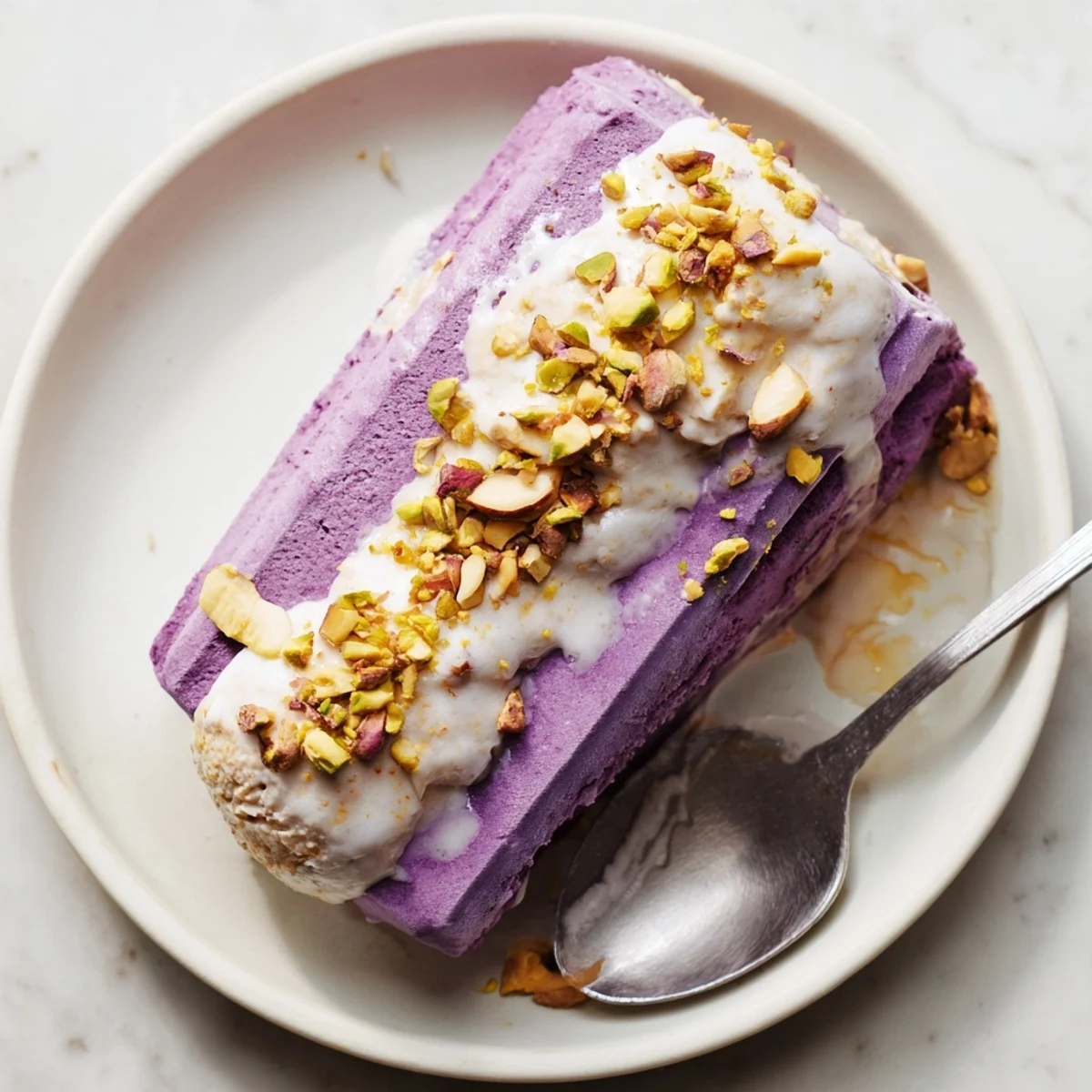 Creamy ube and pistachio ice cream bars drizzled with sweetened condensed milk.  
