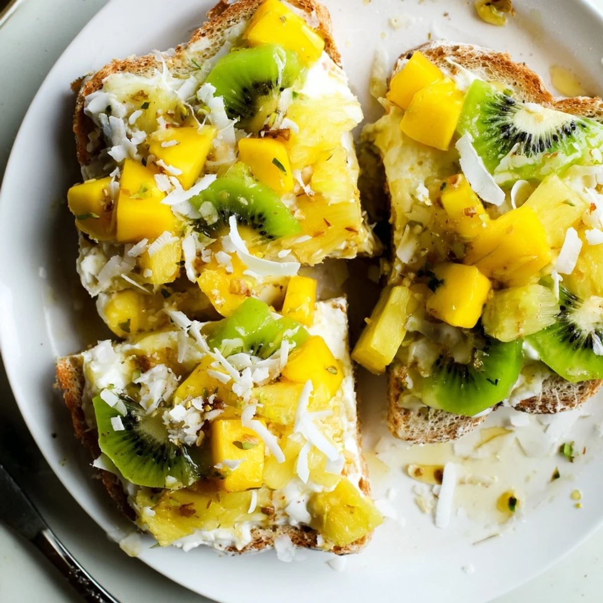 Creamy yogurt-custard toast topped with tropical fruits, perfect for breakfast enjoyment.  