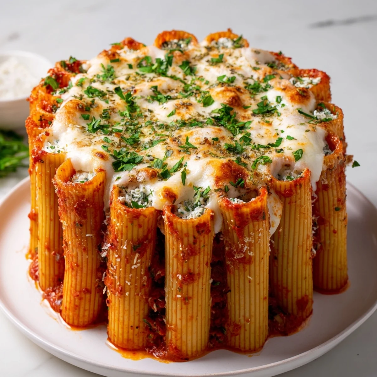 Stunning honeycomb pasta cake baked with rich tomato sauce and creamy cheese.  