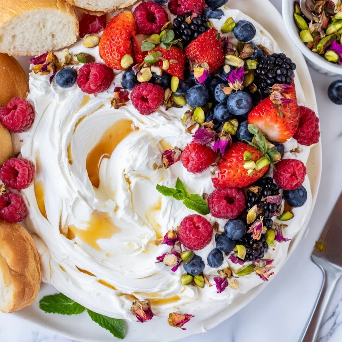 A colorful Butter Board Dessert featuring fresh berries and sweet toppings.  