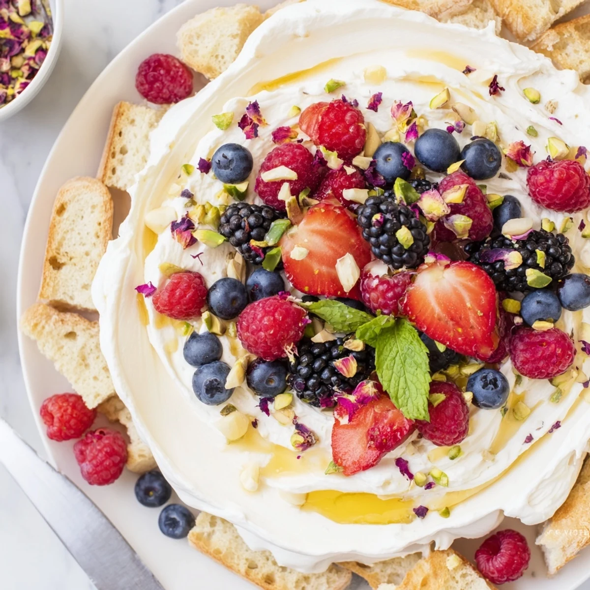 Whipped cream cheese and vibrant berries create a delightful Butter Board Dessert.  